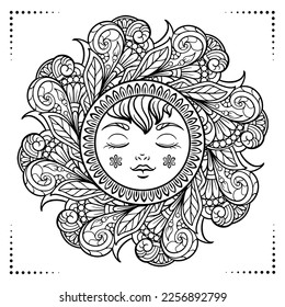 Black and white ethnic sleeping sun coloring page.