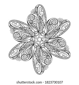 Black and white ethnic style floral mandala pattern for antistress coloring. Star shape. Abstract coloring page.