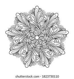 Black and white ethnic style floral mandala pattern for antistress coloring. Abstract coloring page.