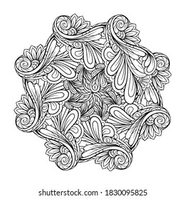 Black and white ethnic style floral mandala pattern for antistress coloring. Abstract coloring page.