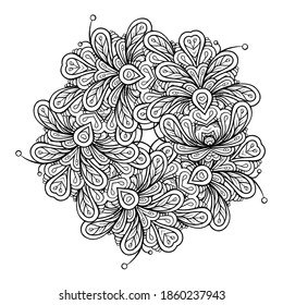 Black and white ethnic style floral mandala pattern for antistress coloring. Abstract coloring page.