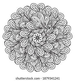 Black and white ethnic style floral mandala pattern for antistress coloring. Abstract coloring page.