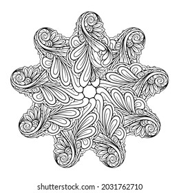 Black and white ethnic style floral mandala pattern for antistress coloring. Star shape. Abstract coloring page.