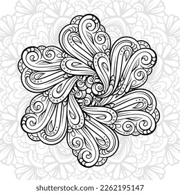 Black and white ethnic style floral mandala pattern for antistress coloring. Abstract coloring page.