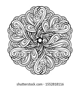 Black and white ethnic style mandala pattern for antistress coloring. Abstract coloring page.