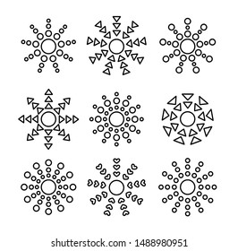 Black & white ethnic sun icons with rays from circles, triangles. Summer symbols. Line sunlight signs. Vector illustration