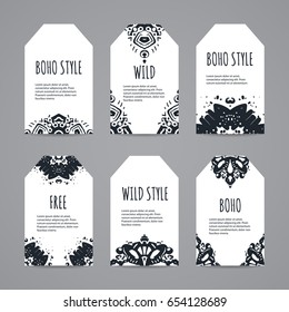 Black and white ethnic tag set. Hand drawn boho labels. Vector illustration.