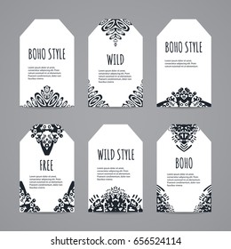 Black and white ethnic tag set. Hand drawn boho labels. Vector illustration.
