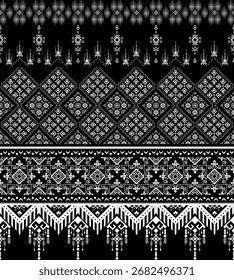 Schwarz-Weiß-Stammesmuster. Geometrischer Diamant-Stoffdruck. Traditionelle Hmong Folk Art. Nahtlose Vektorstickerei Stil. Abstraktes aztekisches Boho-Stoffdesign. Vintage Native Wallpaper.