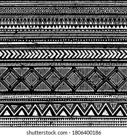 black and white ethnic tribal vector background with decorative folk elements. Aztec abstract geometric art print. Shabby pattern. Aging effect. Wallpaper, cloth design, fabric, tissue, cover, textile