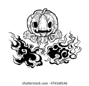 Black and White Evil Pumpkin in dark fire hand draw vector cartoon illustration 