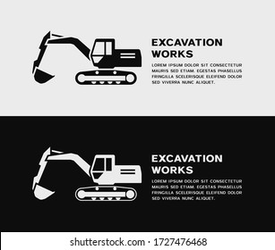 Black and white excavator icon. Vector illustration