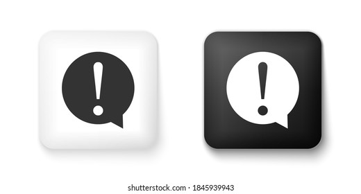 Black and white Exclamation mark in circle icon isolated on white background. Hazard warning symbol. FAQ sign. Copy files, chat speech bubble. Square button. Vector.