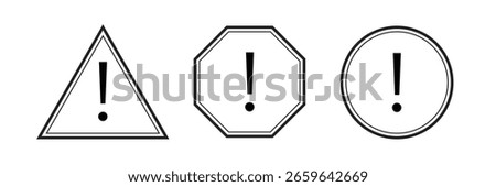 Black and White Exclamation Warning Icons Set – Triangle, Octagon, and Circle Outline Alert Symbols