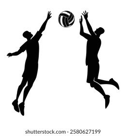 black and white, exercise, game, jump, males, silhouette, sphere, team, teamwork, tournament, volleyball, young adult, determination, effort, excitement, figure, graphic, group, agility, hitting, 