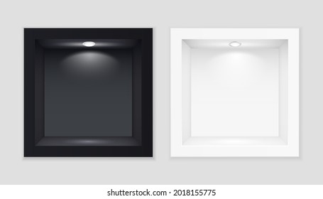 Black and white exhibition cubic showcases with illuminated template. shadow box