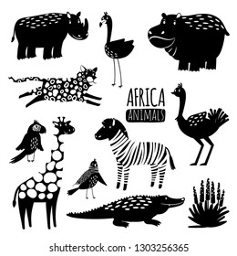 Black and white exotic animals vector collection. Animal silhouette hippopotamus and crocodile, bird and cheetah illustration