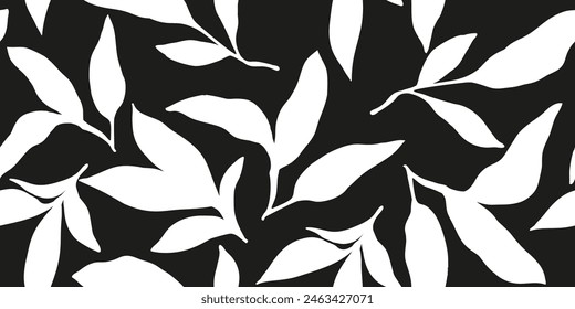 Black and white exotic palm leaves seamless pattern. Brush drawn tropical leaf wallpaper. Hand drawn botanical organic vector illustration. Design for fabric, print, cover, banner, wallpaper.