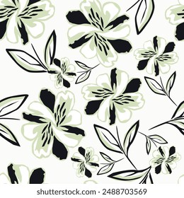 Black and white exotic palm leaves seamless pattern. Brush drawn tropical leaf wallpaper. Hand drawn botanical organic vector illustration. Design for fabric, print, cover, banner, wallpaper.