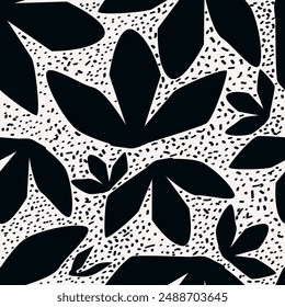 Black and white exotic palm leaves seamless pattern. Brush drawn tropical leaf wallpaper. Hand drawn botanical organic vector illustration. Design for fabric, print, cover, banner, wallpaper.