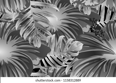 Black white exotic pattern. Monstera leaves and hibiscus flowers in summer print.  Hawaiian t-shirt and swimwear tile.  Horizontal california natural texture design. Hypernatural botanic design.