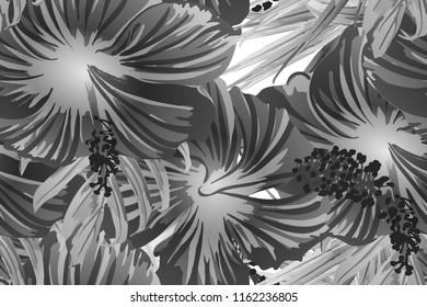 Black white exotic pattern. Monstera and hibiscus flowers tropical bouquet.  Saturated large floral swimwear print. Horizontal romantic wild vector exotic tile. Hypernatural botanic design.