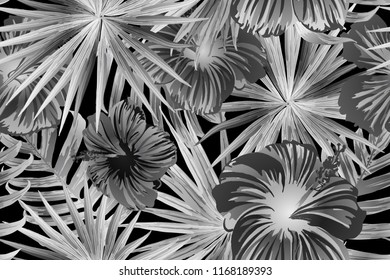 Black white exotic pattern. Monstera leaves and hibiscus flowers in summer print.  Hawaiian t-shirt and swimwear tile.  Horizontal california natural texture design. Bonny spring botanical design.
