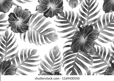 Black white exotic pattern. Monstera and hibiscus flowers tropical bouquet.  Hawaiian t-shirt and swimwear tile.  Horizontal romantic wild vector exotic tile. Hypernatural botanic design.
