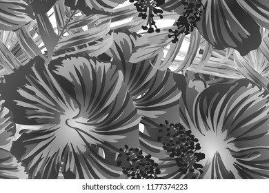 Black white exotic pattern. Monstera leaves and hibiscus flowers in summer print.  Hawaiian t-shirt and swimwear tile.  Horizontal romantic wild vector exotic tile. Hypernatural botanic design.