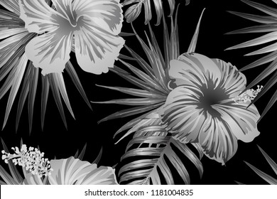 Black white exotic pattern. Monstera and hibiscus flowers tropical bouquet.  Saturated large floral swimwear print. Horizontal romantic wild vector exotic tile. Bonny spring botanical design.