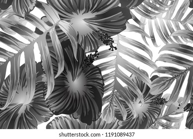 Black white exotic pattern. Monstera and hibiscus flowers tropical bouquet.  Hawaiian t-shirt and swimwear tile.  Horizontal romantic wild vector exotic tile. Bonny spring botanical design.
