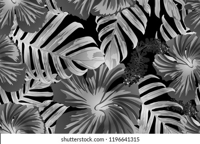 Black white exotic pattern. Monstera leaves and hibiscus flowers in summer print.  Hawaiian t-shirt and swimwear tile.  Horizontal romantic wild vector exotic tile. Bonny spring botanical design.