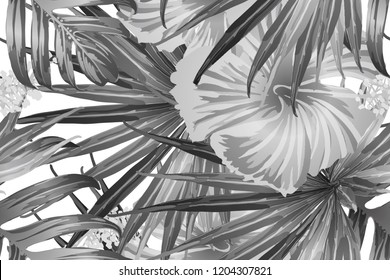 Black white exotic pattern. Monstera leaves and hibiscus flowers in summer print.  Hawaiian t-shirt and swimwear tile.  Horizontal romantic wild vector exotic tile. Hypernatural botanic design.