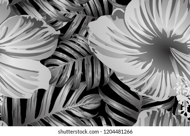Black white exotic pattern. Monstera leaves and hibiscus flowers in summer print.  Saturated large floral swimwear print. Horizontal romantic wild vector exotic tile. Hypernatural botanic design.