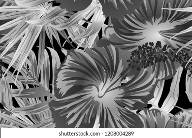 Black white exotic pattern. Monstera and hibiscus flowers tropical bouquet.  Hawaiian t-shirt and swimwear tile.  Horizontal romantic wild vector exotic tile. Bonny spring botanical design.