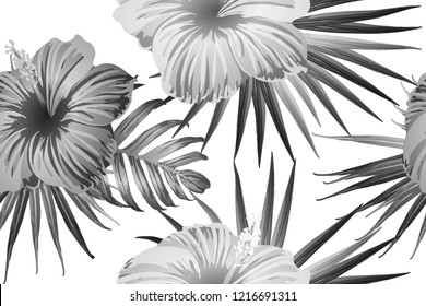 Black white exotic pattern. Monstera and hibiscus flowers tropical bouquet.  Saturated large floral swimwear print. Horizontal california natural texture design. Hypernatural botanic design.