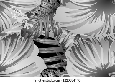 Black white exotic pattern. Monstera leaves and hibiscus flowers in summer print.  Hawaiian t-shirt and swimwear tile.  Horizontal romantic wild vector exotic tile. Bonny spring botanical design.