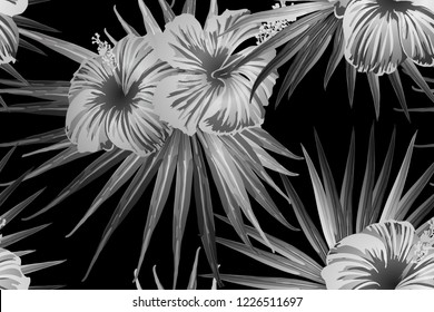 Black white exotic pattern. Monstera leaves and hibiscus flowers in summer print.  Saturated large floral swimwear print. Horizontal romantic wild vector exotic tile. Bonny spring botanical design.