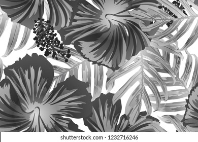 Black white exotic pattern. Monstera leaves and hibiscus flowers in summer print.  Saturated large floral swimwear print. Horizontal romantic wild vector exotic tile. Bonny spring botanical design.