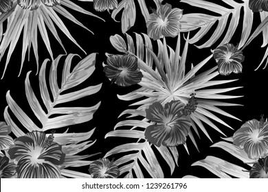 Black white exotic pattern. Monstera leaves and hibiscus flowers in summer print.  Hawaiian t-shirt and swimwear tile.  Horizontal romantic wild vector exotic tile. Hypernatural botanic design.