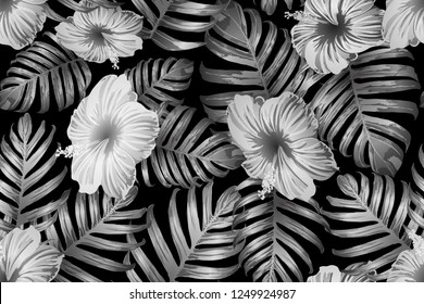 Black white exotic pattern. Monstera and hibiscus flowers tropical bouquet.  Saturated large floral swimwear print. Horizontal california natural texture design. Bonny spring botanical design.