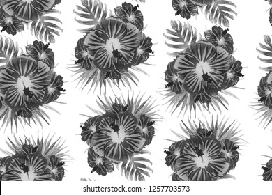 Black white exotic pattern. Monstera and hibiscus flowers tropical bouquet.  Saturated large floral swimwear print. Horizontal california natural texture design. Hypernatural botanic design.