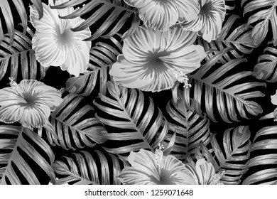 Black white exotic pattern. Monstera and hibiscus flowers tropical bouquet.  Saturated large floral swimwear print. Horizontal california natural texture design. Bonny spring botanical design.