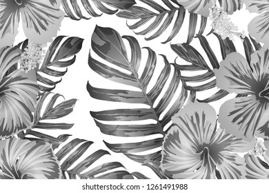 Black white exotic pattern. Monstera and hibiscus flowers tropical bouquet.  Saturated large floral swimwear print. Horizontal california natural texture design. Bonny spring botanical design.
