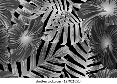 Black white exotic pattern. Monstera and hibiscus flowers tropical bouquet.  Saturated large floral swimwear print. Horizontal california natural texture design. Bonny spring botanical design.