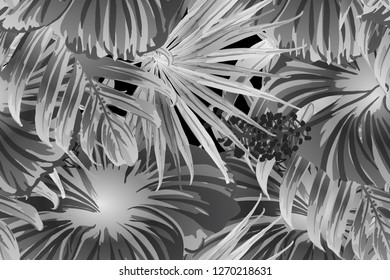 Black white exotic pattern. Monstera leaves and hibiscus flowers in summer print.  Hawaiian t-shirt and swimwear tile.  Horizontal romantic wild vector exotic tile. Hypernatural botanic design.