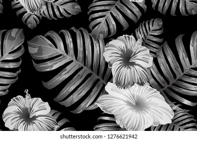 Black white exotic pattern. Monstera and hibiscus flowers tropical bouquet.  Saturated large floral swimwear print. Horizontal california natural texture design. Bonny spring botanical design.