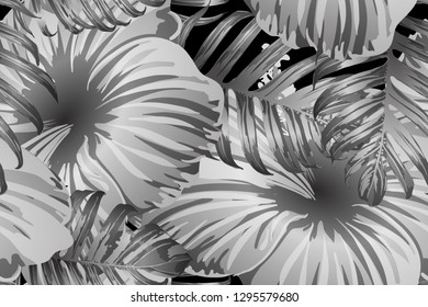 Black white exotic pattern. Monstera leaves and hibiscus flowers in summer print.  Hawaiian t-shirt and swimwear tile.  Horizontal romantic wild vector exotic tile. Bonny spring botanical design.