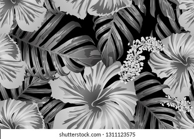 Black white exotic pattern. Monstera and hibiscus flowers tropical bouquet.  Hawaiian t-shirt and swimwear tile.  Horizontal romantic wild vector exotic tile. Bonny spring botanical design.
