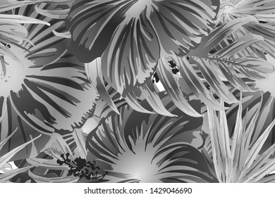 Black white exotic pattern. Monstera leaves and hibiscus flowers in summer print.  Hawaiian t-shirt and swimwear tile.  Horizontal california natural texture design. Hypernatural botanic design.